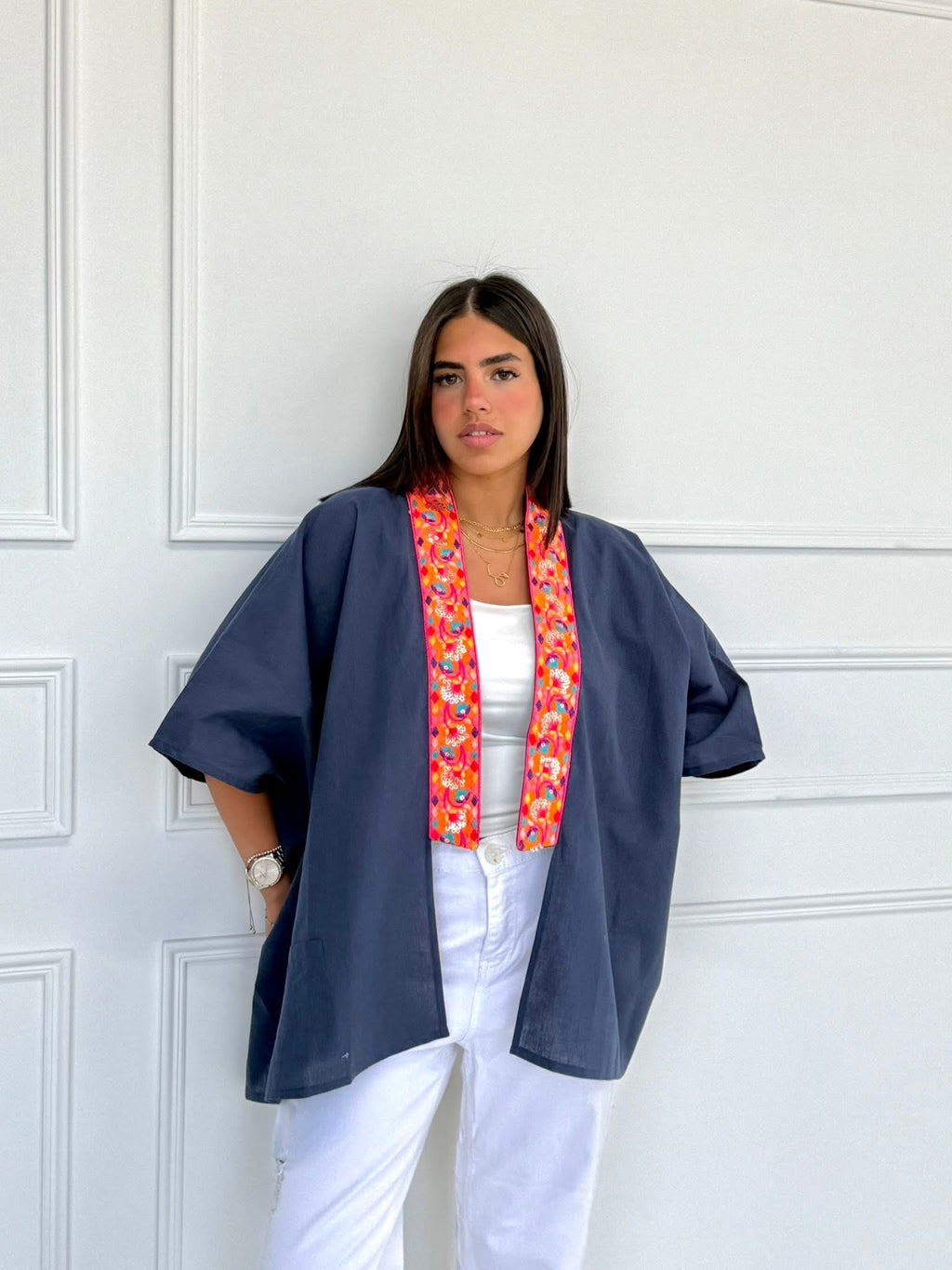 Navy linen short kimono