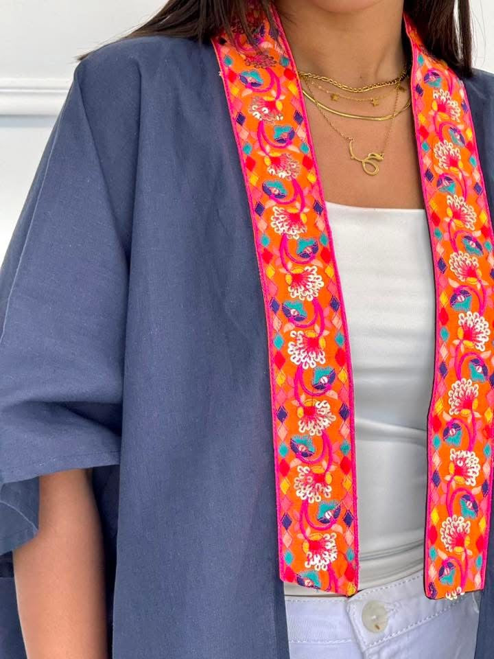 Navy linen short kimono