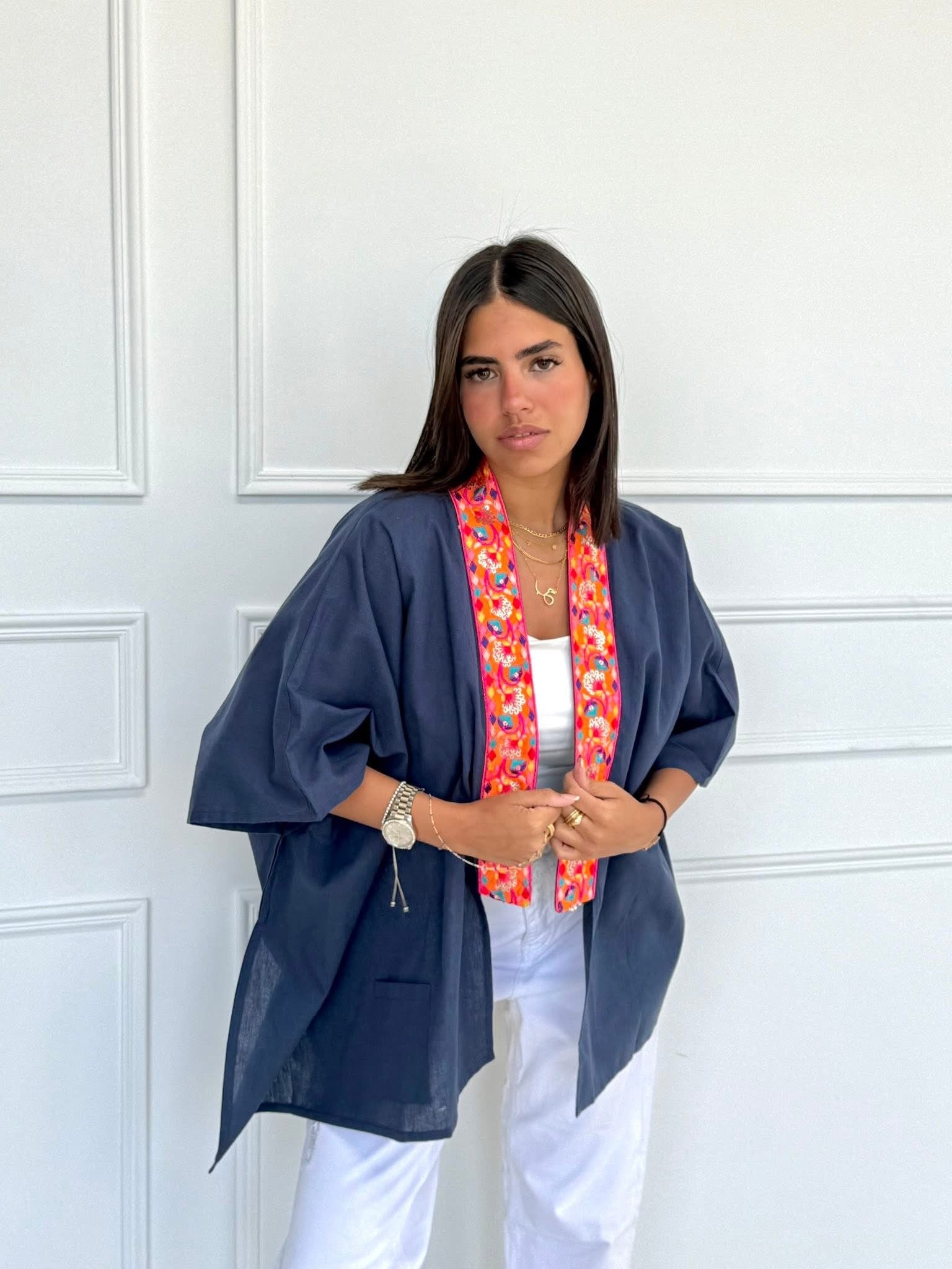 Navy linen short kimono
