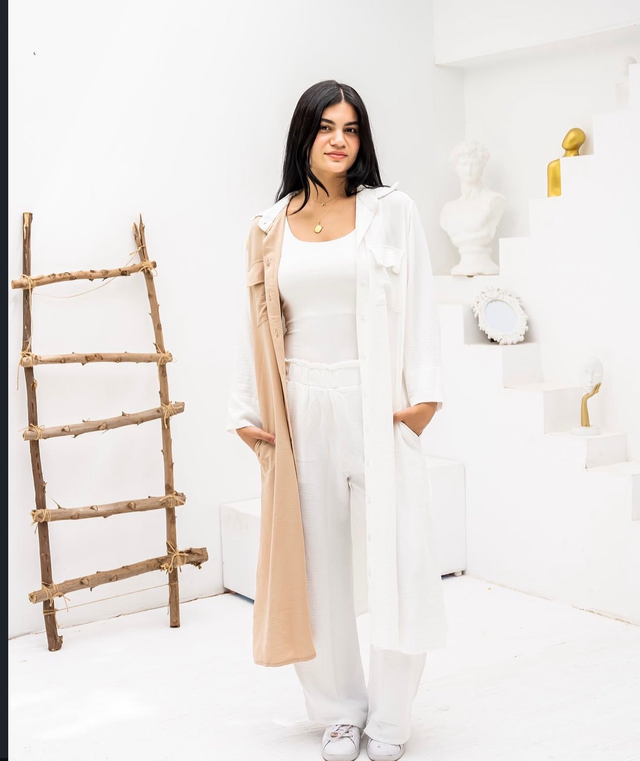 Half & half long shirt in Beigexwhite