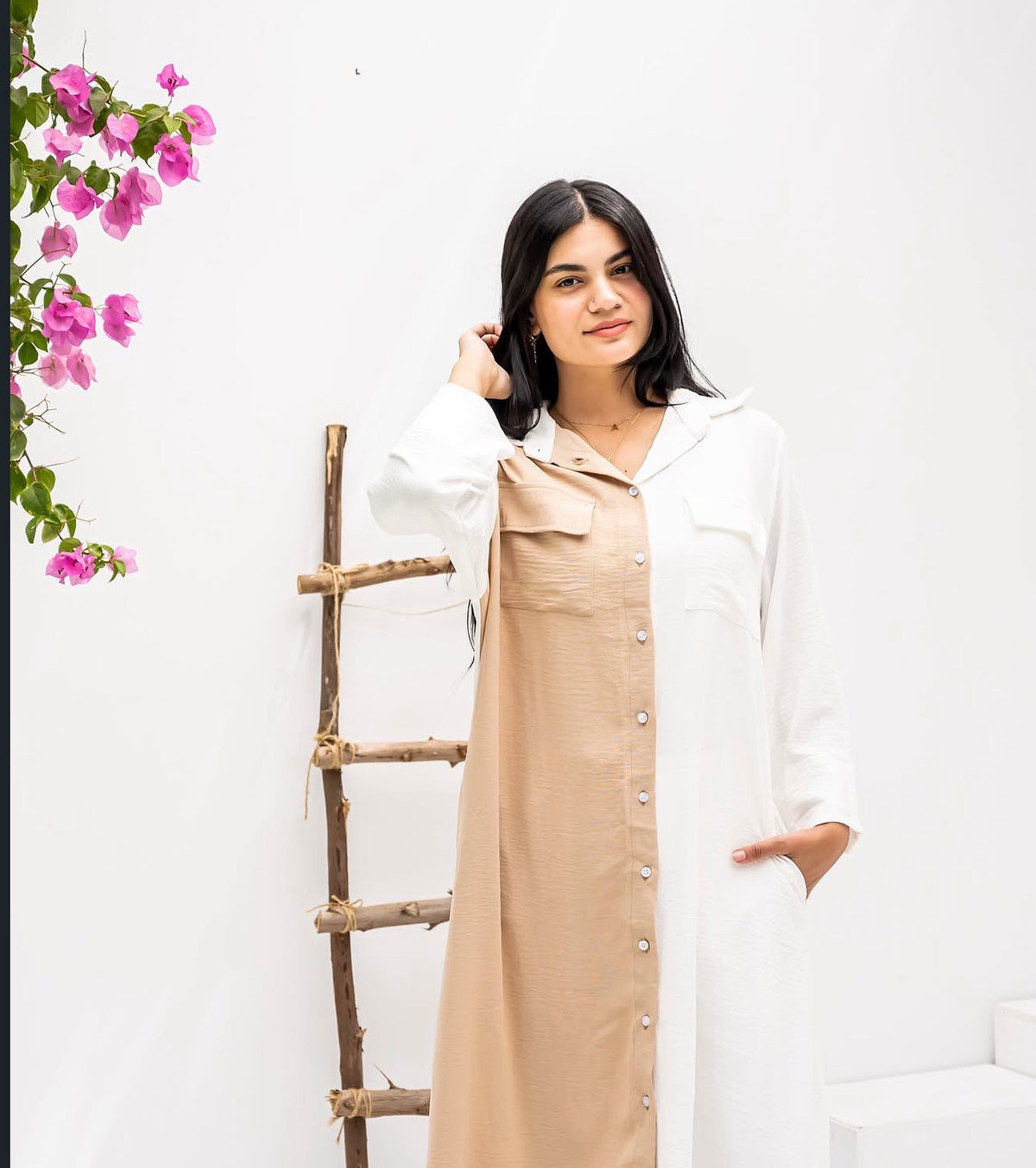 Half & half long shirt in Beigexwhite
