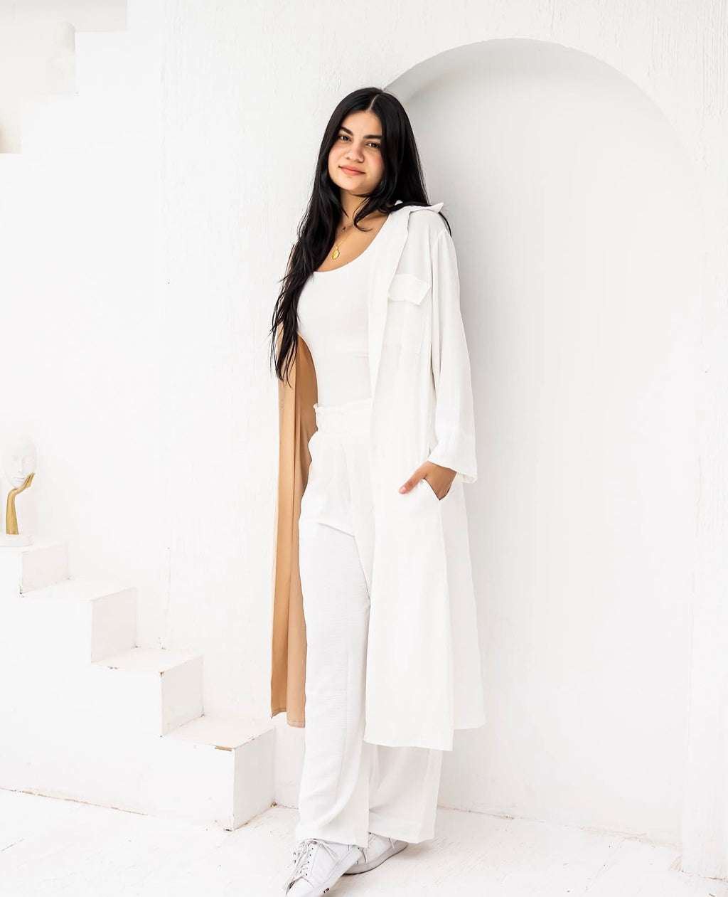Half & half long shirt in Beigexwhite